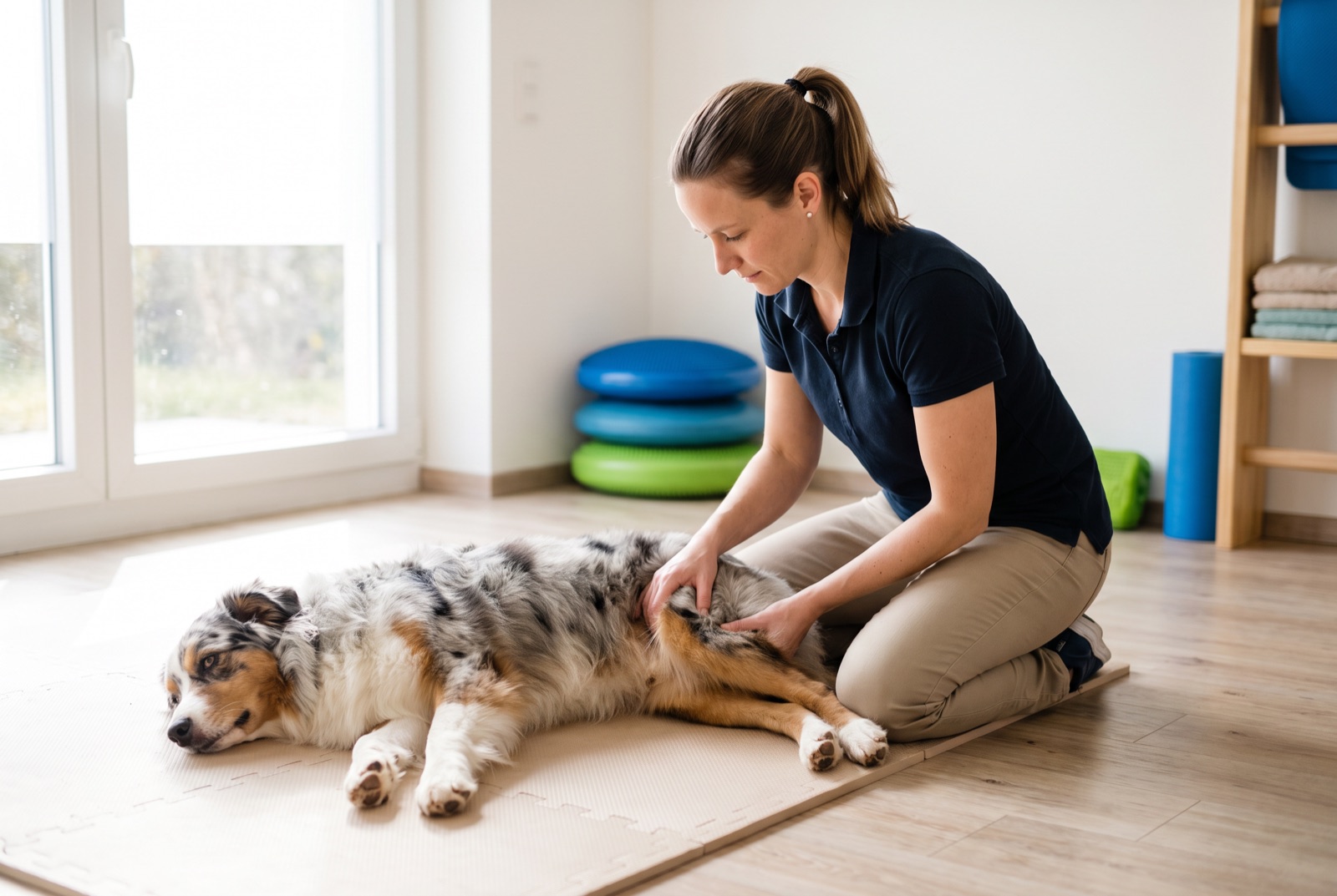Eine Hundephysiotherapeutin behandelt in ihrer Praxis einen Australian Shepherd